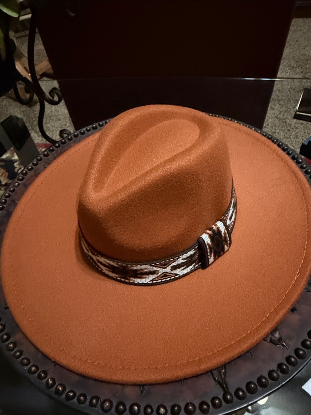 Rust Orange Wide-Brim Wool Fedora with Southwestern Band